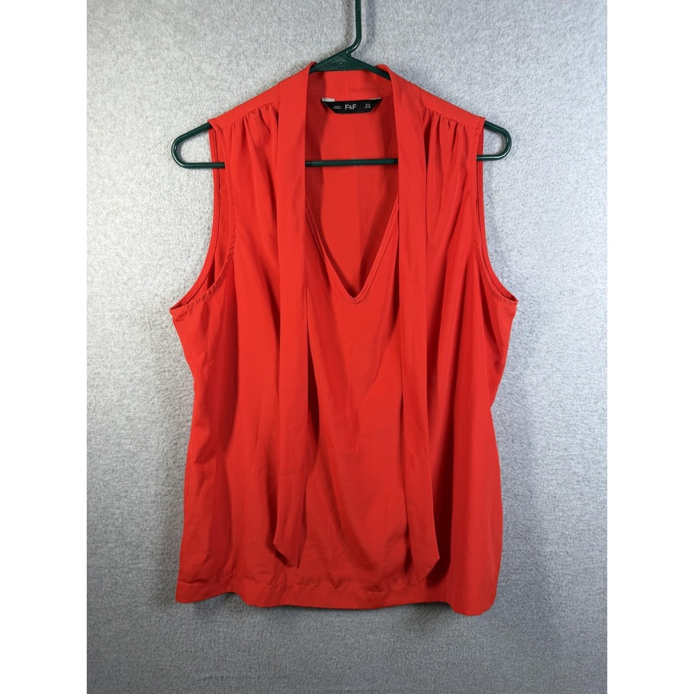 F&F Blouse Womens 10 Red Sleeveless V Neck Pleated Tie Scarf Front Top